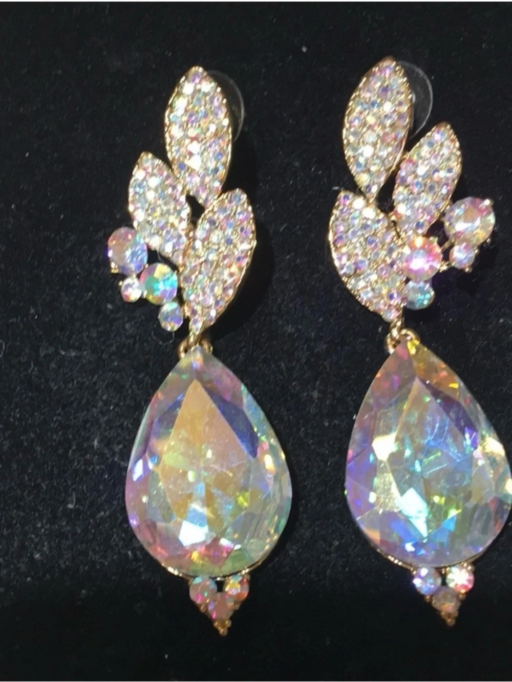Iridescent Teardrop Rhinestone Dangle Earrings - Gold Tone AB crystal